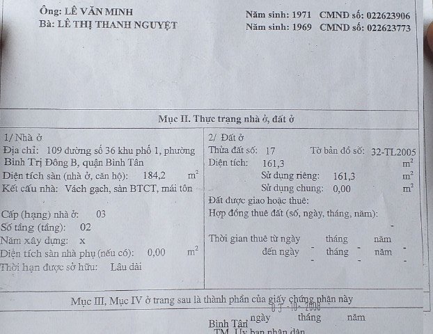 Nhà mặt tiền số 109 đường số 36 , p. Bình trị đông B , quận Tân Bình - 17 tỷ (161m2) 