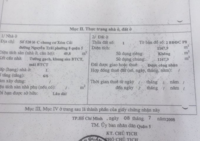 Cần bán căn hộ chung cư xóm Cải- Nguyễn Trãi - Q5, 50m2 - Giá : 1.3 tỷ. LH : 0939 714 489 