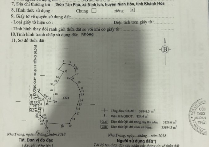 BÁN ĐẤT TẠI HÒN NGHÊ XÃ VĨNH NGỌC Nha Trang, Khánh Hòa diện tích 39.805m2 giá 1.8 Triệu/m²