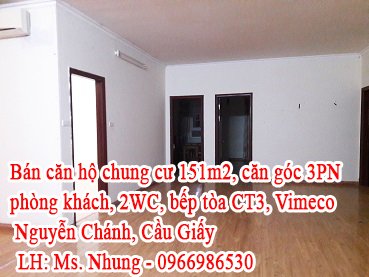 Bán căn hộ chung cư 151m2, căn góc, tòa CT3, Vimeco, Nguyễn Chánh, Cầu Giấy.