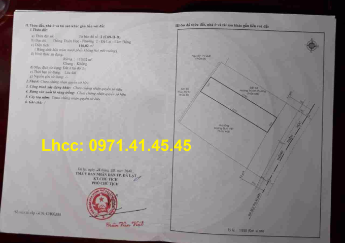 Bán đất mt Thông thiên học, p2, trung tâm tp Đà lạt, shr, 90tr/m2 bao công chứng,  0971.41.45.45