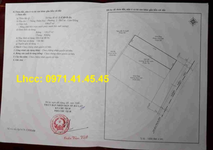 Bán đất mt Thông thiên học, p2, trung tâm tp Đà lạt, shr, 90tr/m2 bao công chứng,  0971.41.45.45