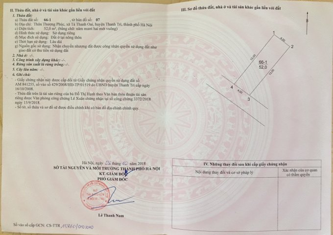 Chuyển nhượng ngay 52m2 sổ đỏ ngay mặt ngõ 18 Thôn Thượng Phúc, xã Tả Thanh Oai, Thanh Trì giá 1,150 Tỷ