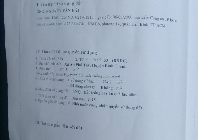 Bán đất mặt tiền đường 7 Tấn bình chánh An phú Tây . TP. HCM