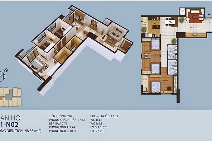 Bán căn hộ 3 phòng ngủ (95m2) gần Times City giá từ 2 tỷ. LH: 0364015555