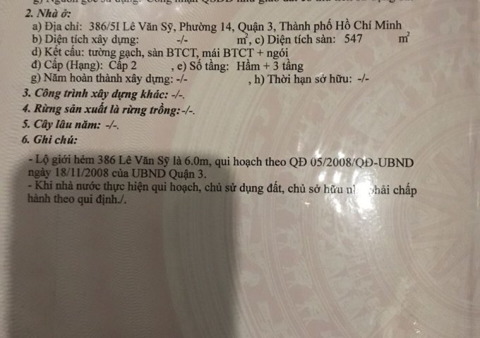  Cần bán căn nhà 386/5i Lê Văn Sỹ, quận 3. Lh:0909762000 - 0708 510510