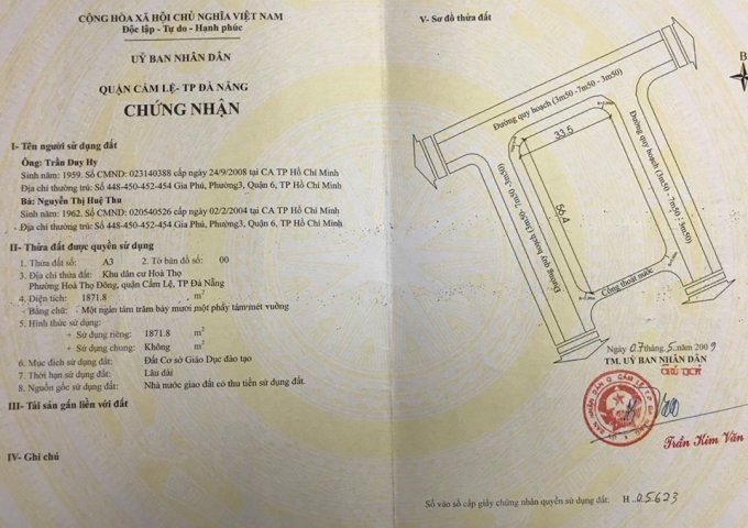 Chào bán lô đất 3 mặt tiền Bùi Vịnh, Hoà Thọ Đông, Cẩm Lệ, diện tích 1871m2, giá chỉ 16 triệu/m2