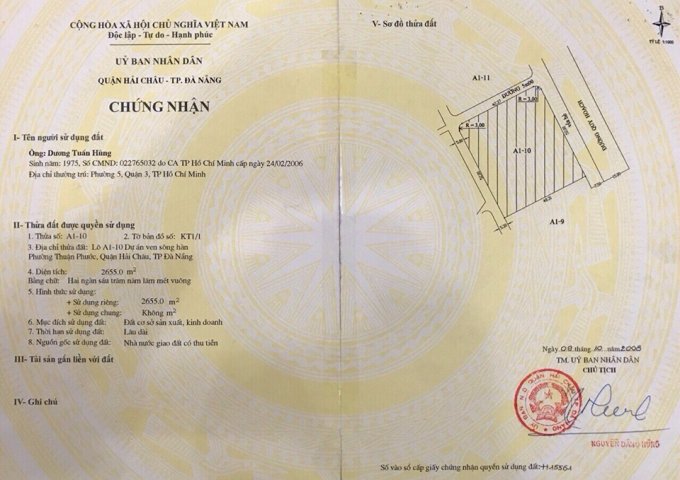 Chào bán lô đất A1-10 mặt tiền Như Nguyệt, ven sông Hàn, diện tích 2655m2, giá 160 triệu/m2