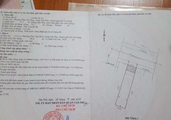 Bán Nhà 4.3x19m(nh:4.5m)MTNB Lê Lư.P Phú Thọ Hòa.Q Tân Phú.TPHCM