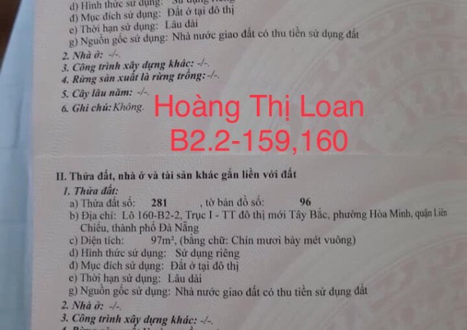 Chính chủ cần bán 2 lô liền kề mặt tiền HOÀNG THỊ LOAN, B2.2 lô 159,160 Liên Chiểu, thành phố Đà Nẵng.