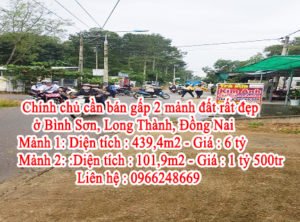 Chính chủ cần bán gấp 2 mảnh đất rất đẹp ở Bình Sơn, Long Thành, Đồng Nai, LH: 0966248669