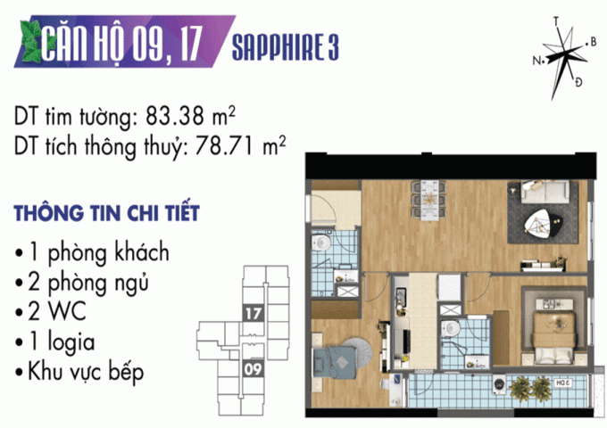 [ Hàng chủ đầu tư] Căn hộ số 17, DT 78m2 toà nhà Sapphire 3 chung cư Goldmark City