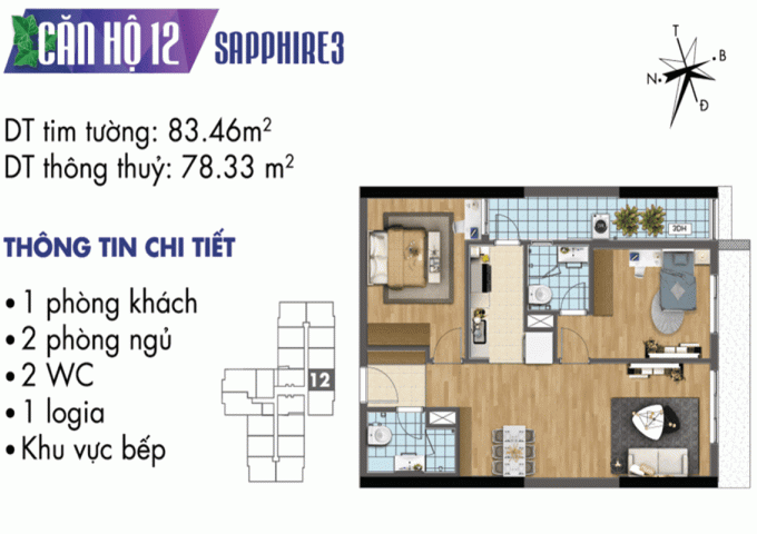 [ Hàng chủ đầu tư] Căn hộ số 12, DT 78m2 toà nhà Sapphire 3 chung cư Goldmark City