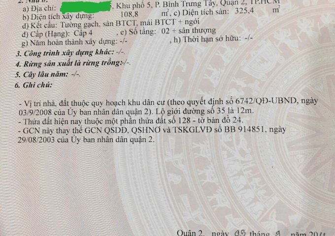 Chủ cần tiền bán gấp biệt thự 1 trệt 2 lầu có sân thượng p. Bình Trưng Tây, quận 2 giá chỉ 12 tỷ