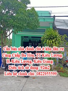 Cần bán nhà chính chủ ở khu dân cư Cảng Cá, khu phố Ba Hòn, TT Kiên Lương, H. Kiên Lương, Kiên Giang