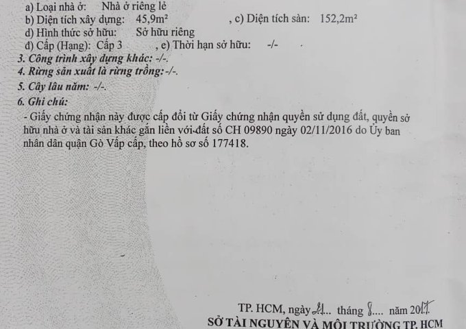 Cần bán gấp căn nhà cấp 3  Số 28/27 đường Phạm Văn Chiêu, P. 14, Q. Gò Vấp