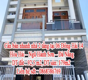 Cần bán nhanh nhà 2 tầng tại 06 Đông Hải 14 - Hòa Hải - Ngũ Hành Sơn - Đà Nẵng