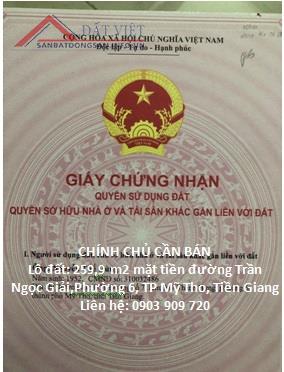 Chính Chủ Cần Bán Đất MT Đường Trần Ngọc Giải TP Mỹ Tho Tiền Giang.