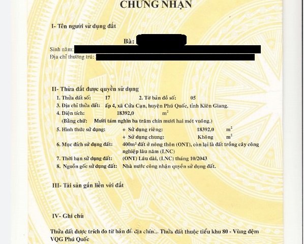 Bán đất chính chủ tại ấp 4, xã Cửa Cạn , huyện Phú Quốc, Kiên Giang