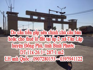 Do cần tiền gấp nên chính chủ cần bán hoặc cho thuê lô đất ấp 2 ,xã Tân Lập, huyện Đồng Phú, tỉnh Bình Phước.