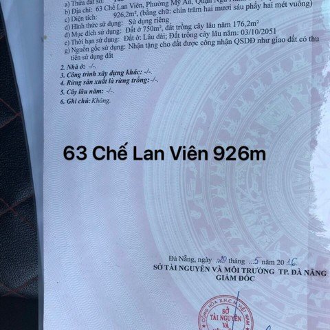 Cần bán lô đất 2 mặt tiền số 63 đường Chế Lan Viên, quận Ngũ Hành Sơn, T/phố Đà Nẵng.