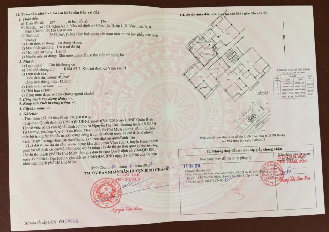 Bán căn hộ tại Khu tái định cư Vĩnh Lộc B, Ấp 1, Xã Vĩnh Lộc B, Bình Chánh, Tp.HCM