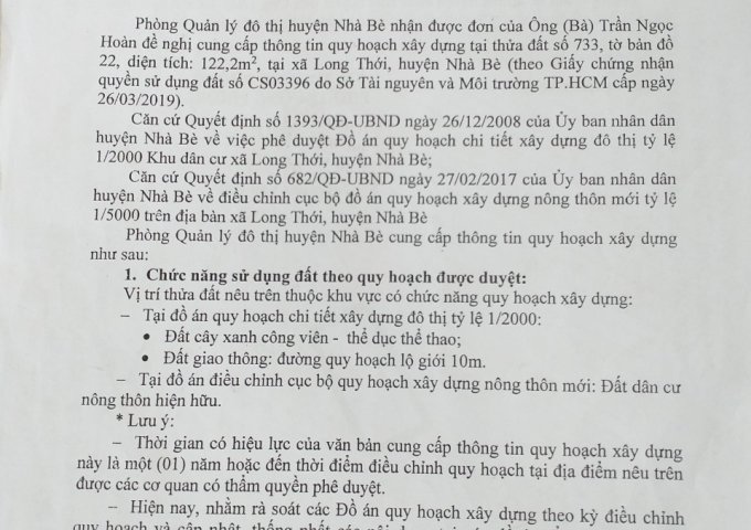 bán đất hẻm 484 nguyễn văn tạo , long thới, nhà bè DT: 8.05 x 15.6m hẻm trước đất 6m 
