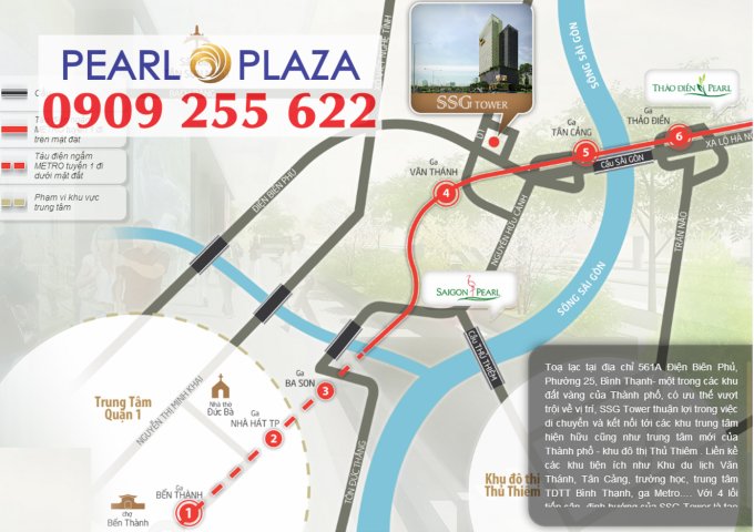 Pearl Plaza cho thuê căn hộ 1 PN 56m2, view Sông Sài Gòn. Hotline: 0909 255 622  