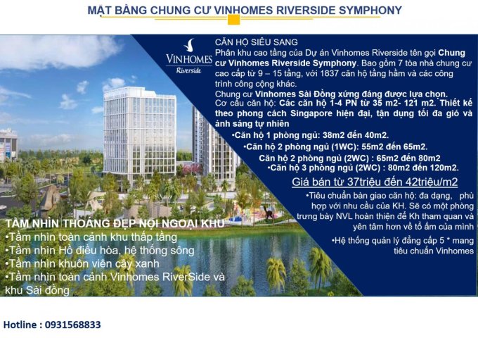 Bán căn hộ chung cư tại Dự án Vinhomes Riverside, Long Biên,  Hà Nội diện tích 55.8m2 , 2 ngủ 1 WC, giá 2.337 Tỷ