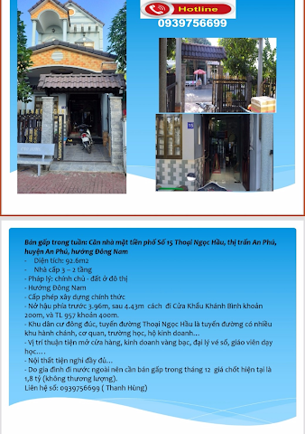 Bán nhà mặt phố tại Đường Thoại Ngọc Hầu - Huyện An Phú - An Giang