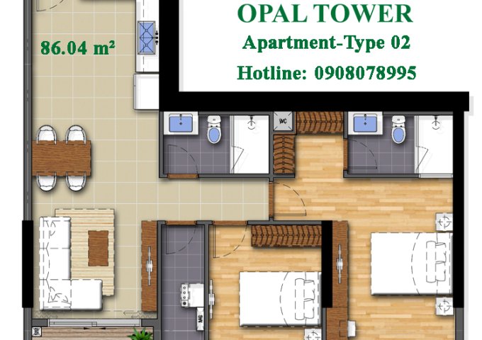 Bán căn số 2, 2PN_86m2 Opal Tower Saigon Pearl giao nhà quý 1/2020 – Hotine PKD: 0908 078 995