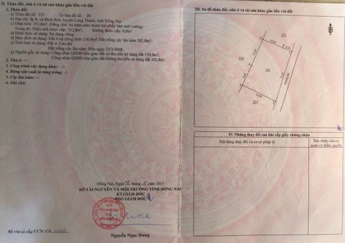 Bán đất Long Thành khu vực sân bay Long Thành. DT 352m2 có 150m2 thổ cư. Giá 2.9 Tỷ