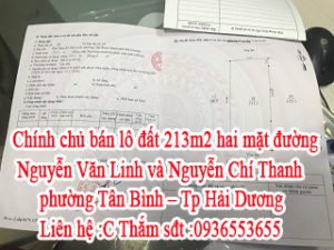 Chính chủ : Cần bán lô đất hai mặt đường Nguyễn Văn Linh và mặt Nguyễn Chí Thanh - phường Tân Bình - Tp Hải Dương