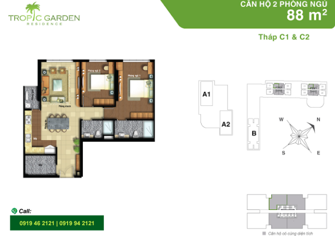 Cho thuê căn hộ Tropic Garden 2 PN, 2PT 88m2 nội thất đầy đủ view sông