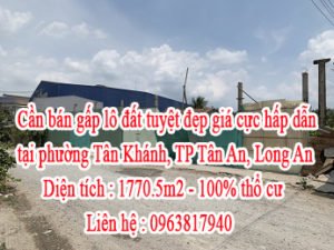 Cần bán gấp lô đất tuyệt đẹp giá cực hấp dẫn tại phường Tân Khánh, TP Tân An, tỉnh Long An
