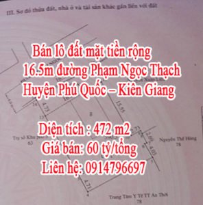 Bán lô đất mặt tiền rộng 16.5m đường Phạm Ngọc Thạch Huyện Phú Quốc - Kiên Giang