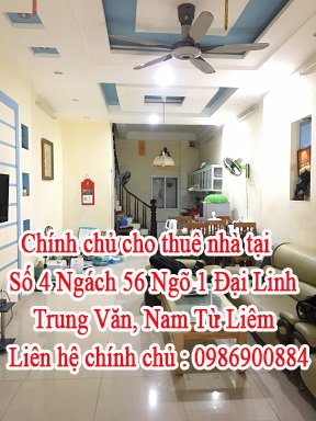 Chính chủ cho thuê nhà tại Số 4 Ngách 56 Ngõ 1 Đại Linh, Trung Văn, Nam Từ Liêm