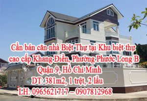 Mình có người bạn muốn bán căn nhà Biệt Thự tổng diện tích hơn 381m2 tại Khu biệt thự cao cấp Khang Điền, Phường Phước Long B, Quận 9, Hồ Chí Minh.