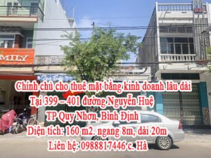 Chính chủ cho thuê mặt bằng kinh doanh lâu dài Tại 399 – 401 đường Nguyễn Huệ, TP Quy Nhơn, Bình Định