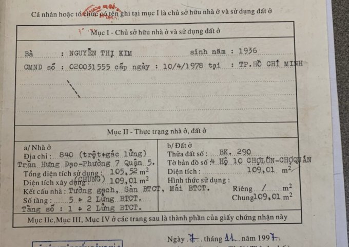 Chính chủ bán nhà mặt tiền số 840 Trần Hưng Đạo, P7, Q5, HCM