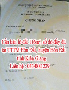 Cần bán lô đất 116m2, giấy tờ sổ đỏ đầy đủ, tại TTTM Hòn Đất, huyện Hòn Đất, tỉnh Kiên Giang.