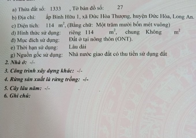 Bán đất mặt tiền Ấp Bình Hữu 1, xã Đức Hòa Thượng, huyện Đức Hòa, tỉnh Long An