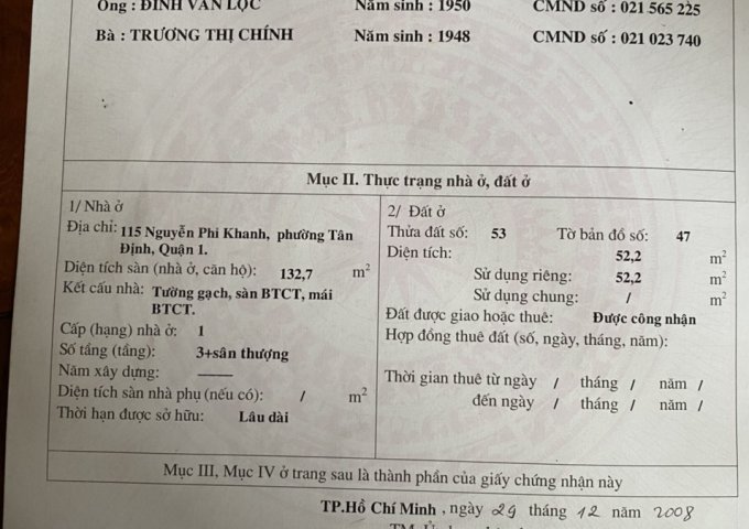 Cần bán nhà góc 2 mặt tiền 115 Nguyễn Phi Khanh, P. Tân Định, Q1. tp. HCM