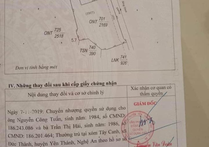 Cần tiền bán gấp lô đất tại xóm 6 Đồng Vằng, xã Văn Thành, Yên Thành