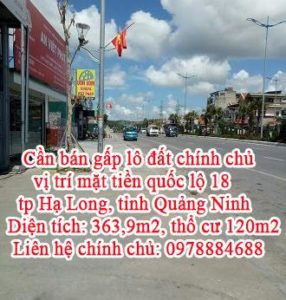 Cần bán gấp lô đất chính chủ vị trí mặt tiền quốc lộ 18, tp Hạ Long, tỉnh Quảng Ninh
