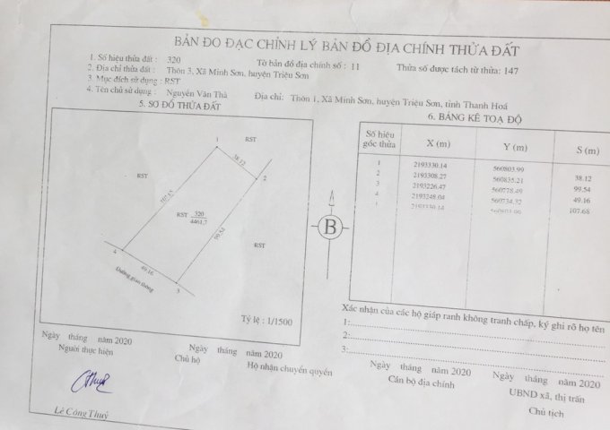CẦN BÁN 4461,7M2 ĐẤT 50 NĂM TẠI THÔN 3 ,XÃ MINH SƠN, HUYỆN TRIỆU SƠN, TỈNH THANH HÓA