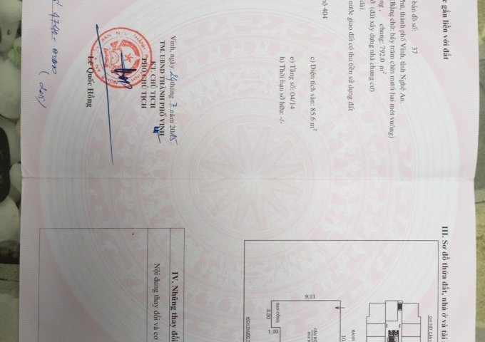 CHÍNH CHỦ CẦN BÁN CĂN HỘ CHUNG CƯ HANDICO 30, NHÀ A3,TẦNG 4 , PHÒNG 404, ĐƯỜNG LÊ NIN - XÃ NGHI PHÚ - THÀNH PHỐ VINH - NGHỆ AN