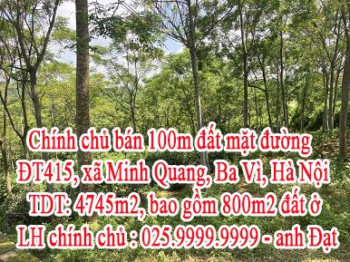 Chính chủ bán 100m đất mặt đường ĐT415, xã Minh Quang, huyện Ba Vì, Hà Nội.