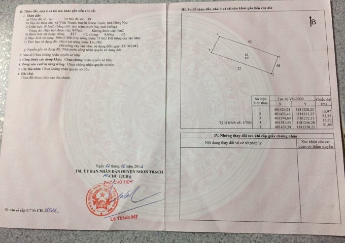 CHÍNH CHỦ BÁN LÔ ĐẤT DT 817M2 (CÓ 300M2 THỔ CƯ) - GIÁ 8.5 TỶ - VĨNH THANH - NHƠ TRẠCH - ĐỒNG NAI. LHCC: 0907.536.536