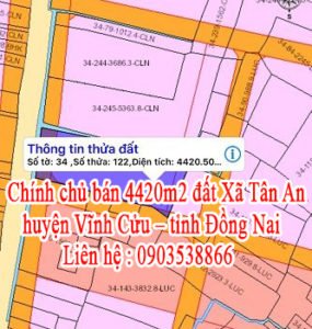 Chính chủ cần bán lô đất Địa chỉ : Xã Tân An – huyện Vĩnh Cửu – tỉnh Đồng Nai